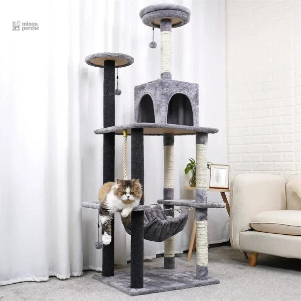 Arbre à chat Minouland gris, espace de jeu doux