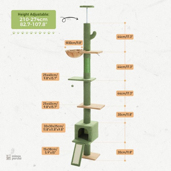 Arbre à chat cactus, ajustable de 210 à 274 cm, design unique