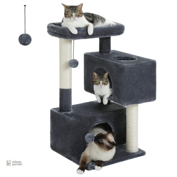 Refuge pour chat sur arbre beige et gris