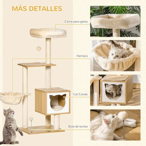 Arbre à chat en bois naturel avec hamac