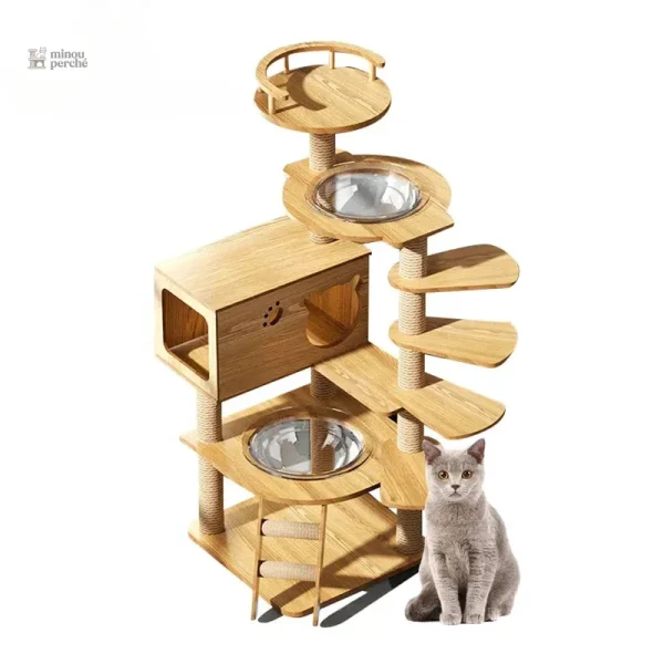 Arbre à chat en bois avec cabane intégrée