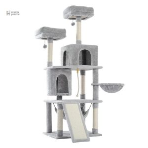 Arbre à chat gris avec nid perché pour un confort optimal