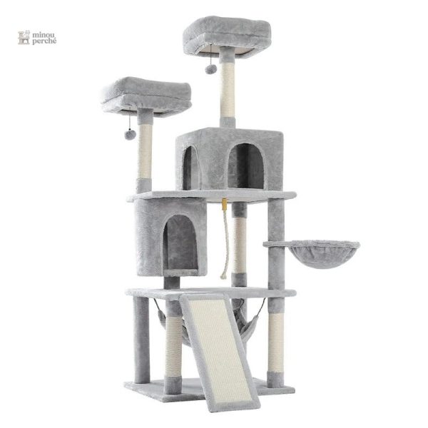 Arbre à chat gris avec nid perché pour un confort optimal