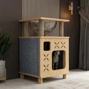 Arbre à chat design en bois avec griffoir et hamac intégré
