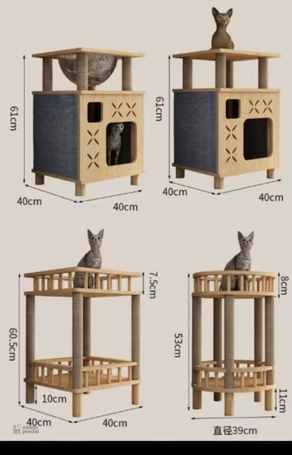 Arbre à chat moderne en bois, griffoir et hamac pour félins