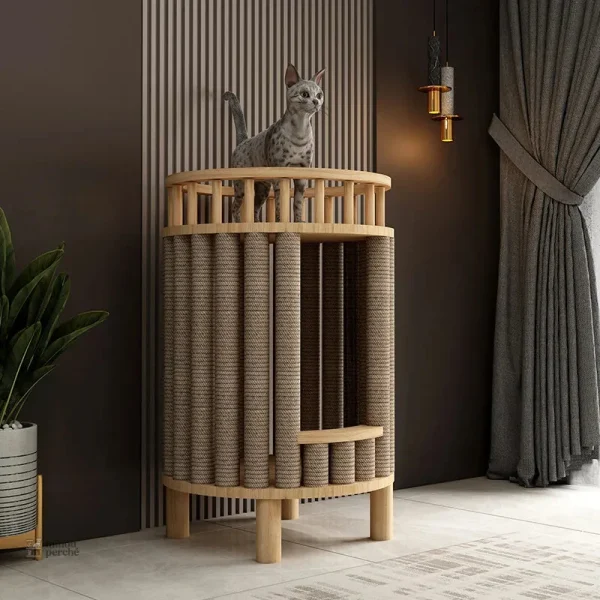 Arbre à chat design en bois rond avec griffoir intégré