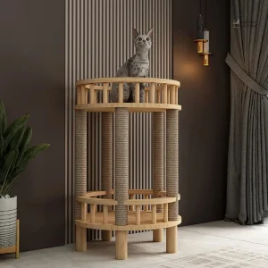 Arbre à chat design en bois avec griffoir et litière intégrée