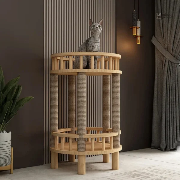 Arbre à chat design en bois avec griffoir et litière intégrée