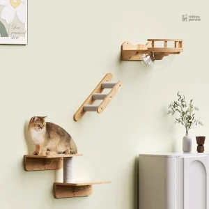 Arbre à chat mural design en bois naturel