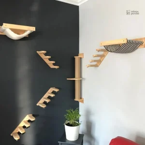 Arbre à chat mural en bois avec hamac et échelle
