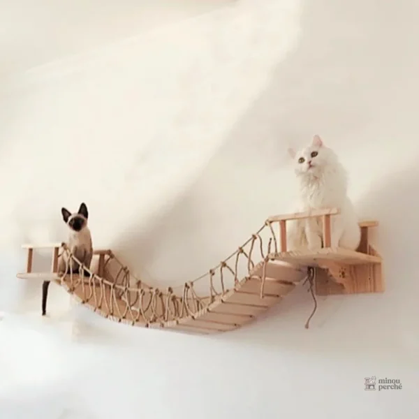Arbre à chat mural en bois avec pont suspendu