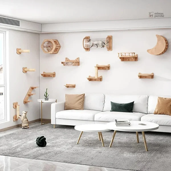 Arbre à chat mural en bois avec hamac et escalier
