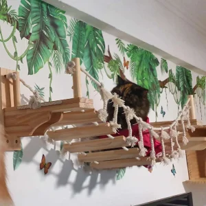 Arbre à chat mural en bois avec pont suspendu