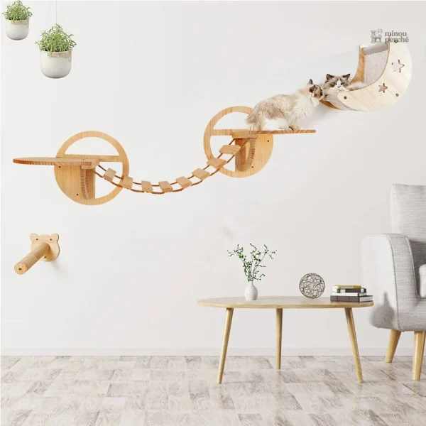 Arbre à chat mural - Maison, hamac et pont suspendu