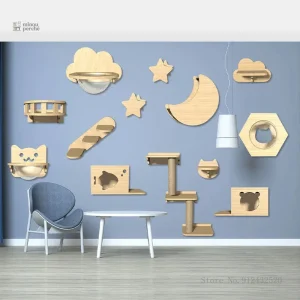 Arbre à chats mural nuages et étoiles