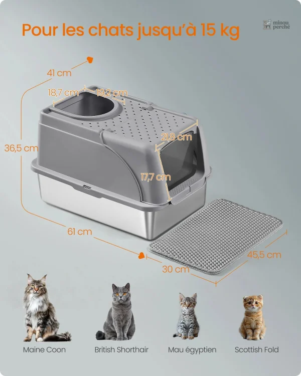 Bac à litière durable en acier inoxydable