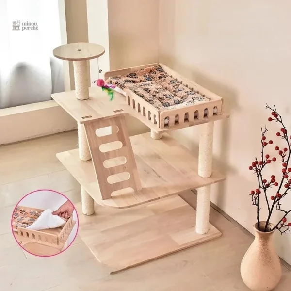 Arbre à chat en bois naturel pour chats