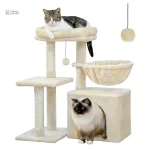 Arbre à chat beige et gris, espace de jeu sécurisé