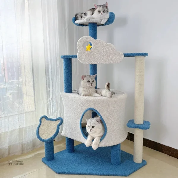 Arbre à chat nuage avec perchoir et cabane - NuageBleu