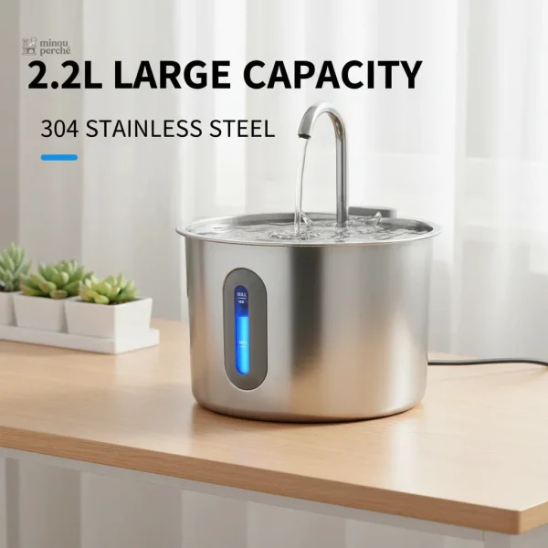 Fontaine à eau pour chat en acier inoxydable 2,2L