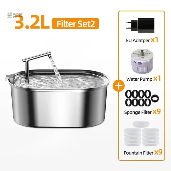 Fontaine à eau pour chat 3,2L en acier inoxydable - vue 3