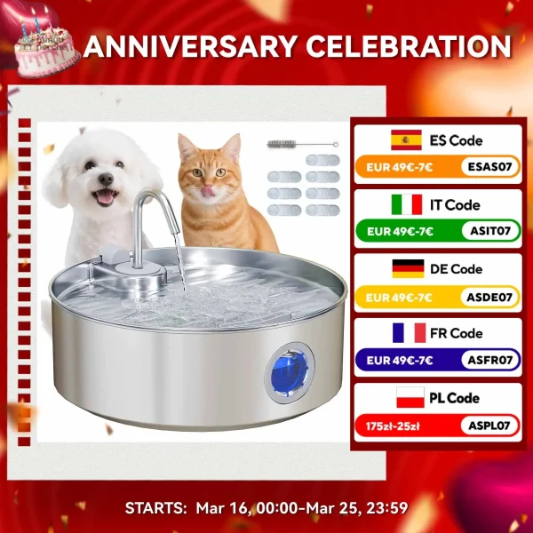 Fontaine à eau pour chat 7L en acier inoxydable