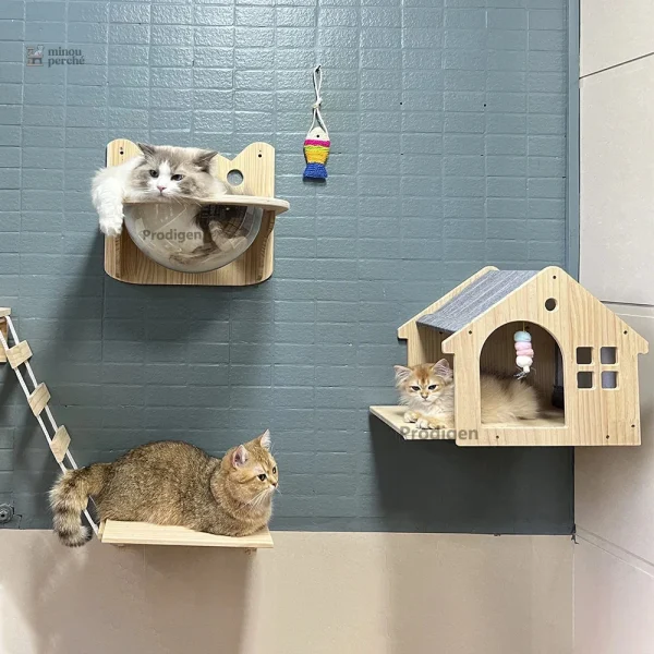 Refuge mural en bois pour chats, design moderne